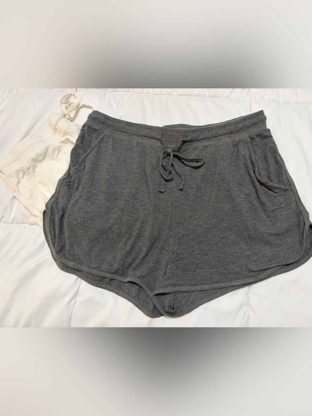 Women's Gray + Cream Ribbed Lounge Shorts - Drawstring Pocket Sleepwear